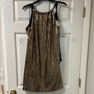 Trina Turk Gold and Black Pleated Mini Dress Cocktail